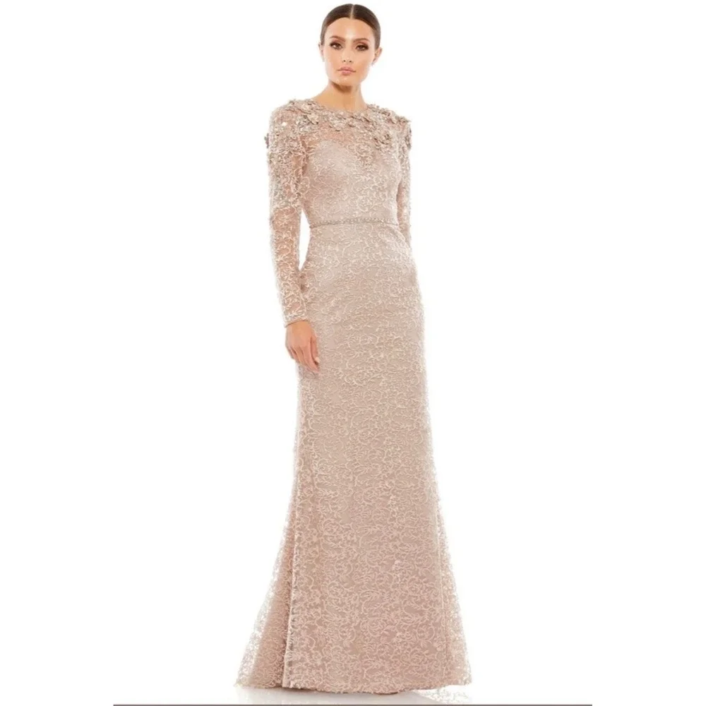 NWT Mac Duggal 11217 Nude Illusion Neckline Long Sleeve Embroidered Dress SZ 8 - Picture 1 of 12